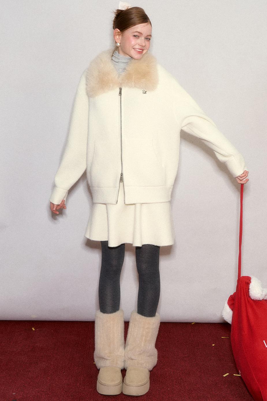 Wool Fur Collar Knit Jacket Set-Up