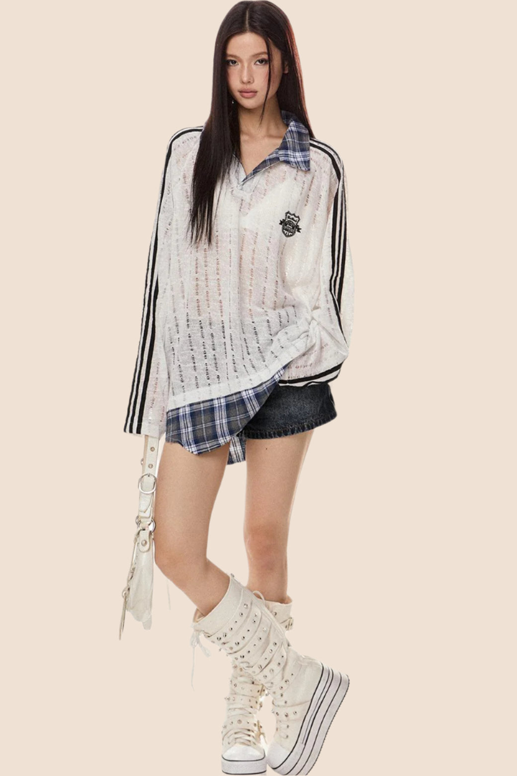 EZEK 아메리칸 레트로 스트라이프 스티칭 대비 약간 투명한 컷아웃 풀오버 스웨트셔츠 여성용 루즈 캐주얼 베이비 탑 타이드 