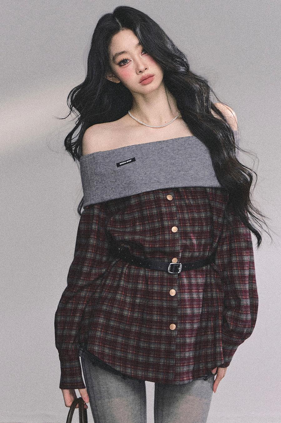 Autumn Waist Slimming Plaid Knit Top