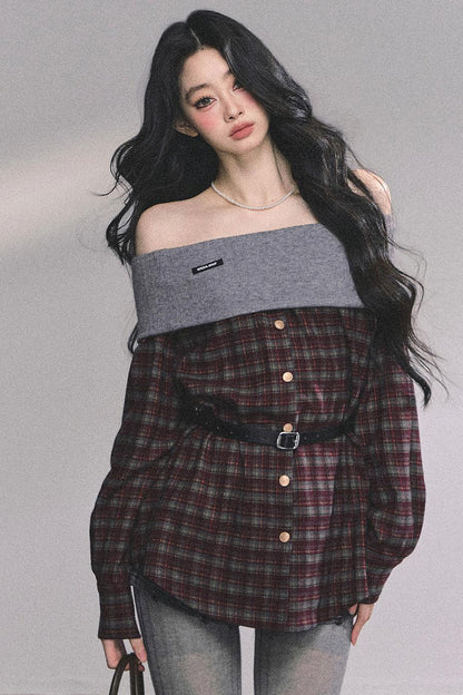 Autumn Waist Slimming Plaid Knit Top