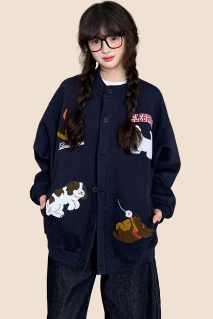 EZEK 아메리칸 레트로 자수 만화 강아지 재미있는 캐주얼 가디건 스웨트셔츠 여성용 게으른 바람 느슨한 bf 자켓 유행 