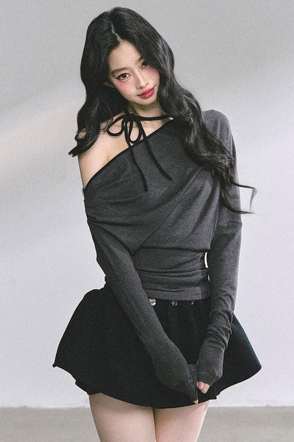 Korean Autumn Gray Halterneck Top