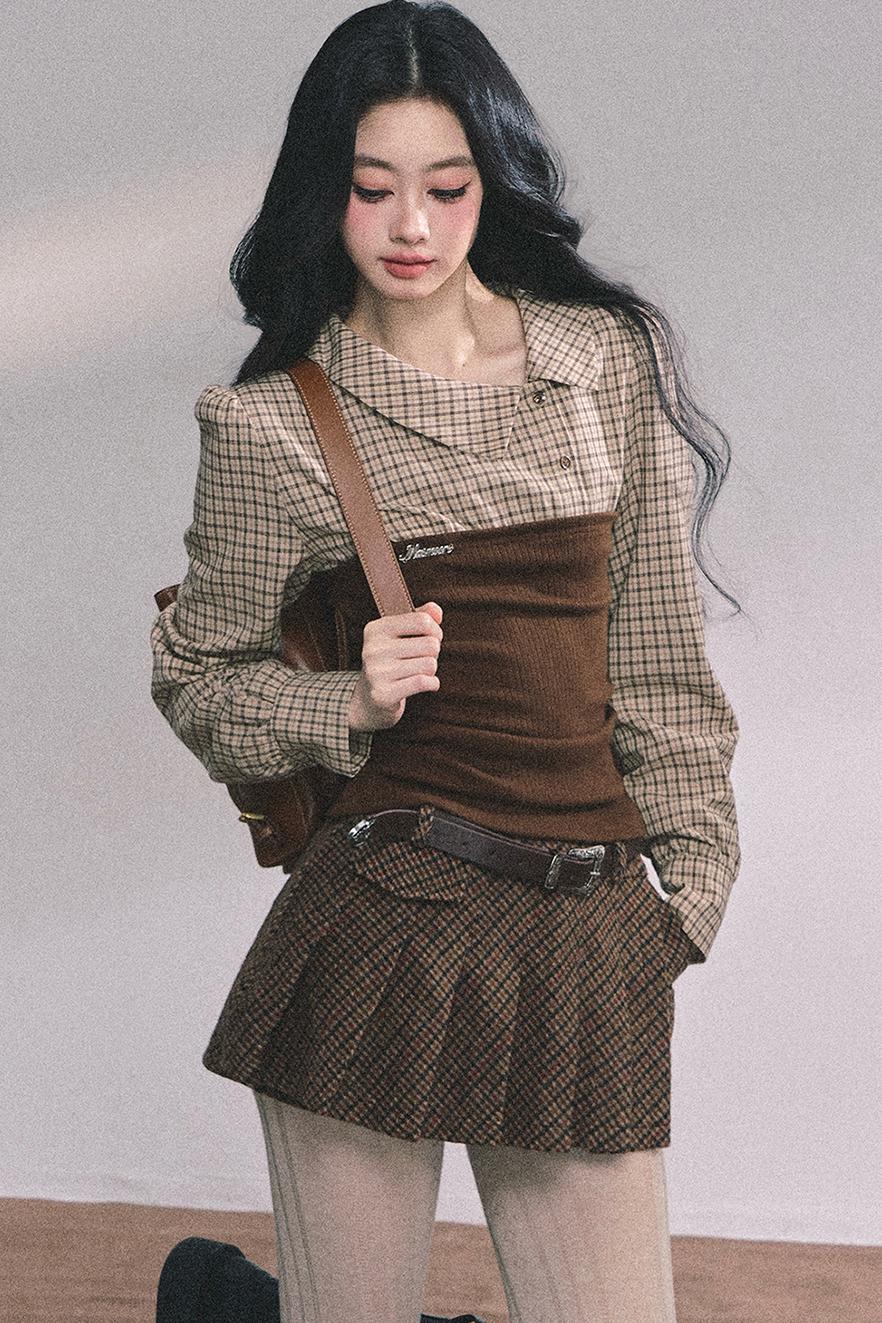 Knitted Long-Sleeved Plaid Top