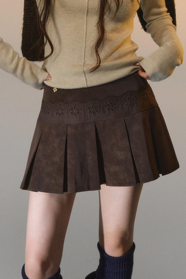 Somesowe Lace Spliced Velvet Pleated Leather Skirt
