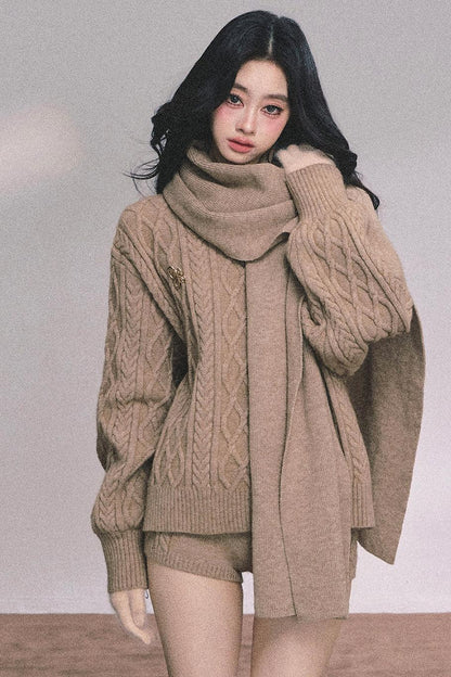Winter Knitted Scarf Sweater Shorts Set-Up