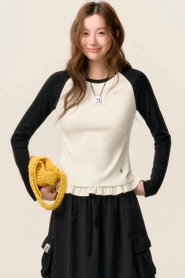 Ruffled Plunge Colorblock Tee
