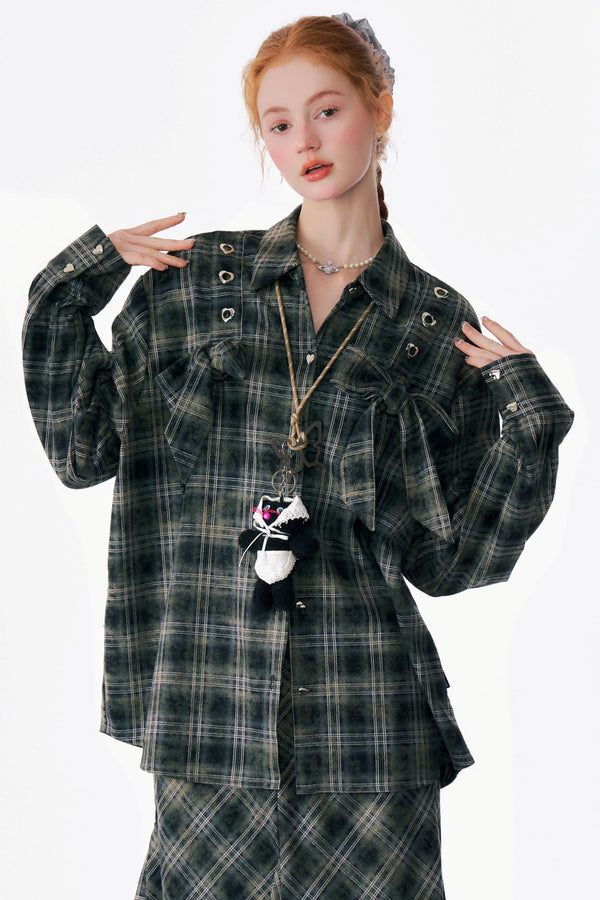 Bow-Knot Plaid Oversized Shirt