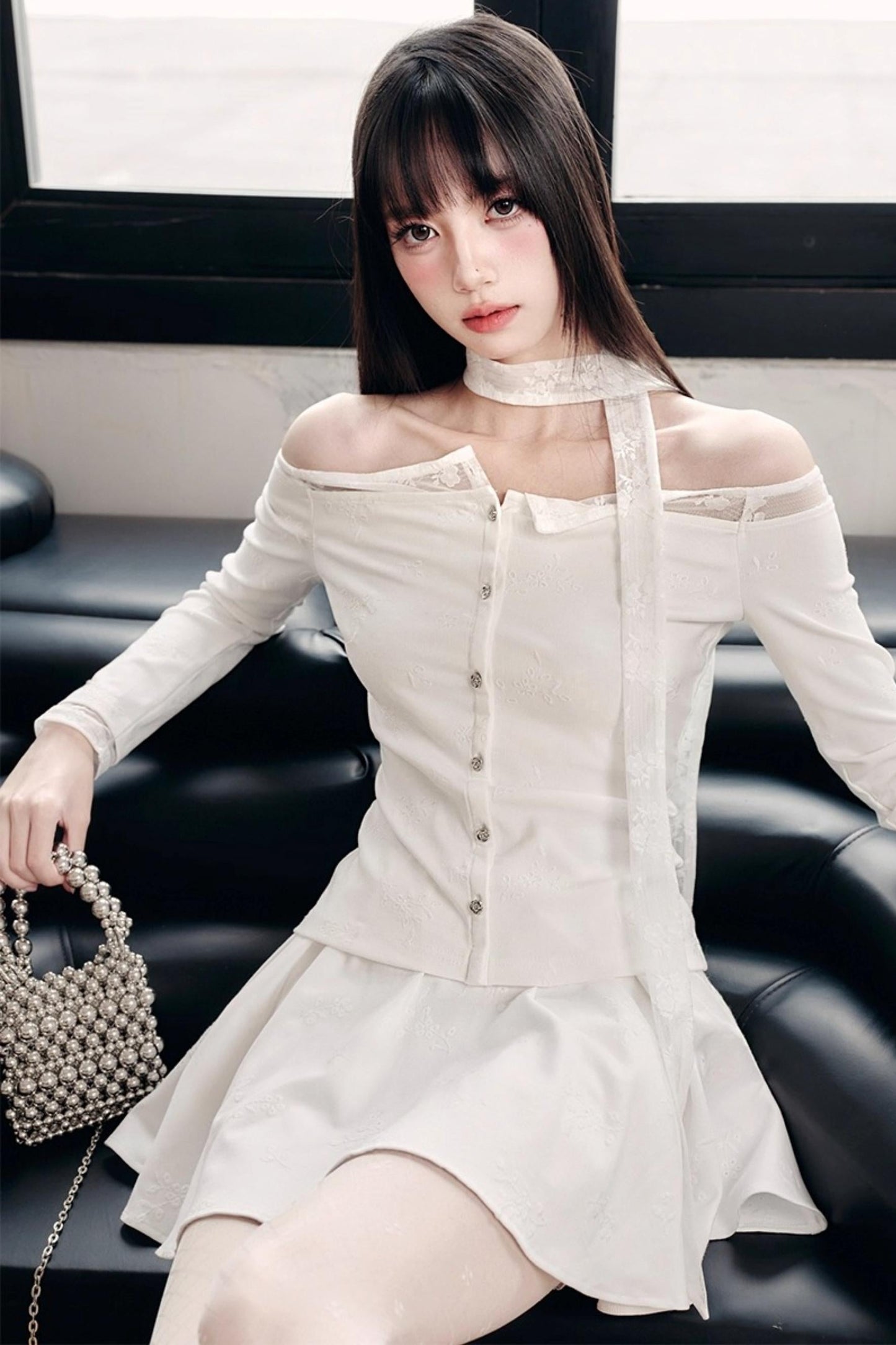 Luxury Moonlight Lace One-Shoulder Top Embroidered Skirt Set-Up