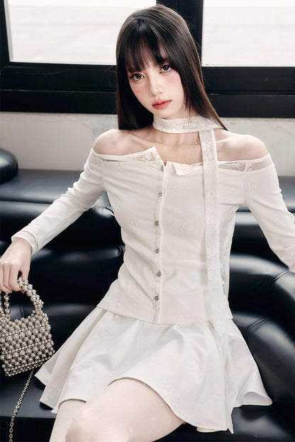 Luxury Moonlight Lace One-Shoulder Top Embroidered Skirt Set-Up