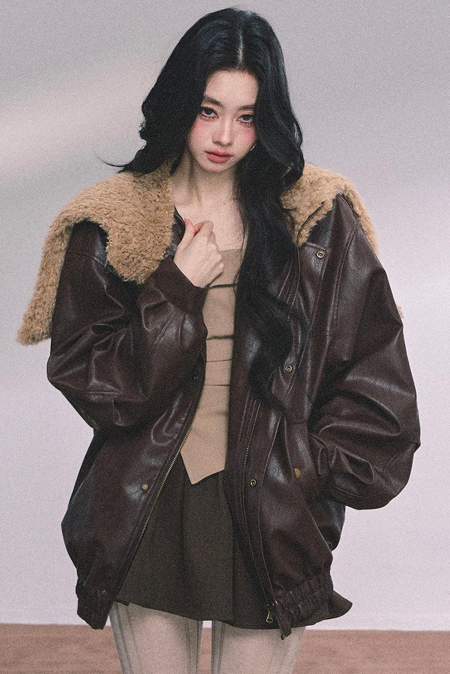 Autumn Navy Lambswool Leather Jacket