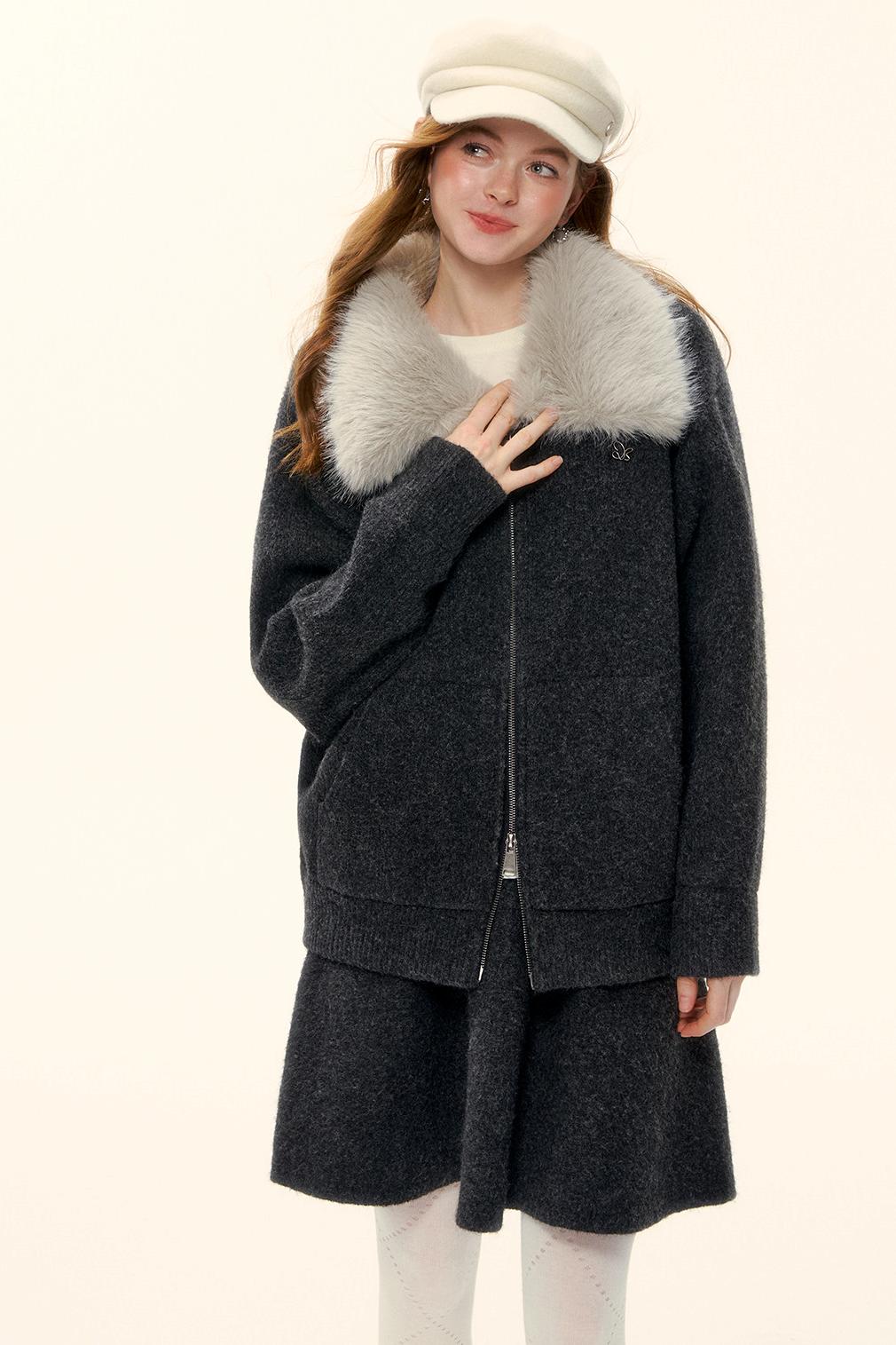 Wool Fur Collar Knit Jacket Set-Up