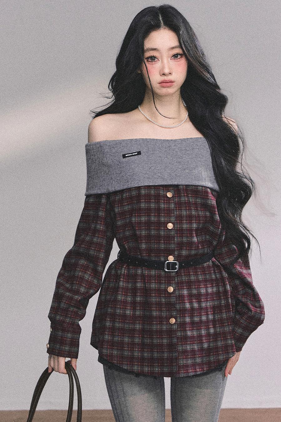 Autumn Waist Slimming Plaid Knit Top
