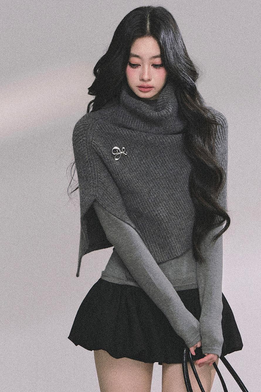 Lightweight Knit Shawl Turtleneck Sweater Set