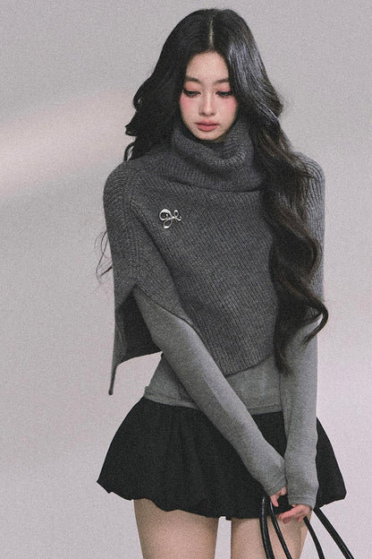 Lightweight Knit Shawl Turtleneck Sweater Set