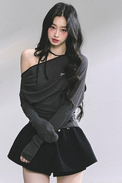 Korean Autumn Gray Halterneck Top