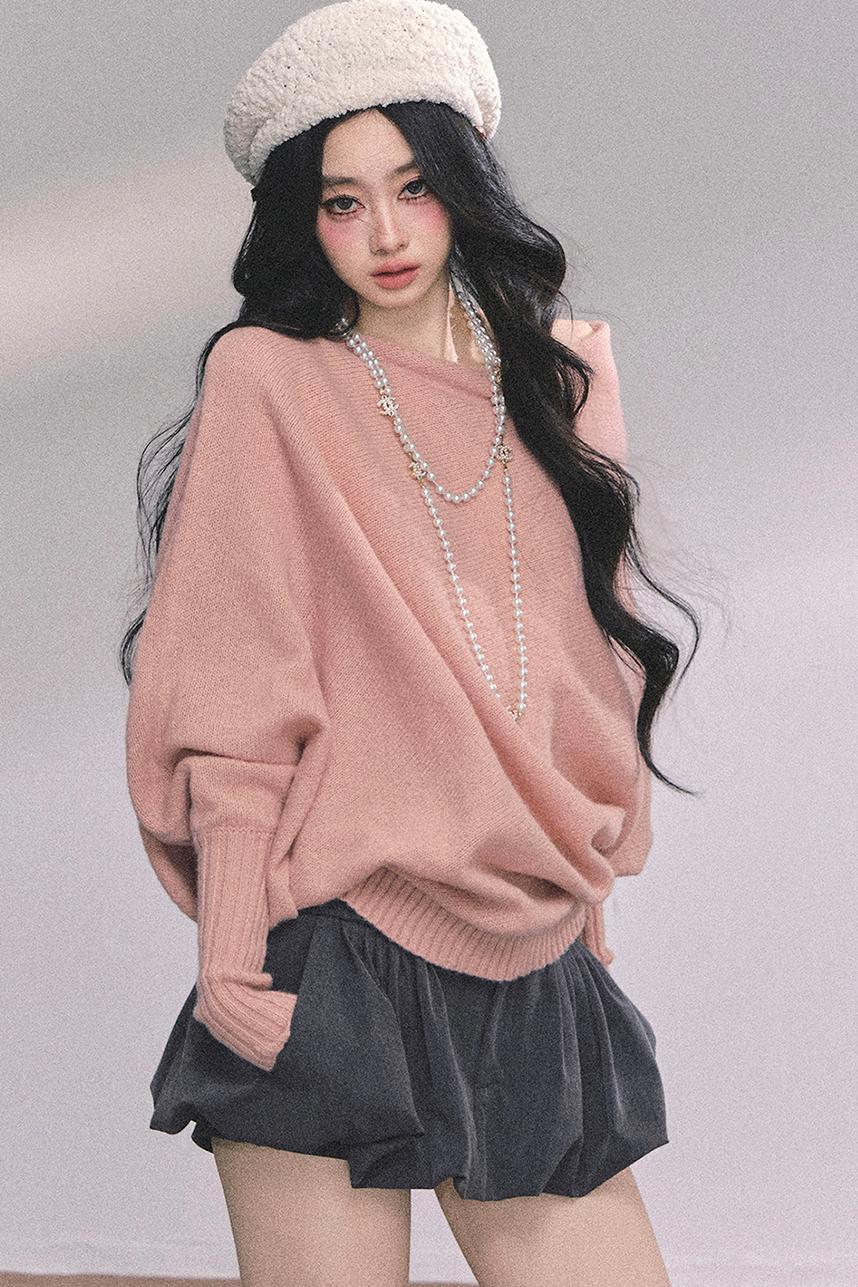 Soft Slanted Shoulder Knitted Sweater