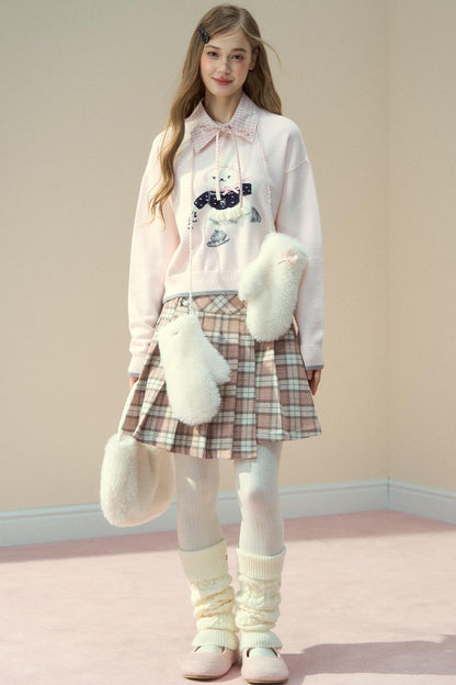 Pink Plaid Wool Pleated Skirt