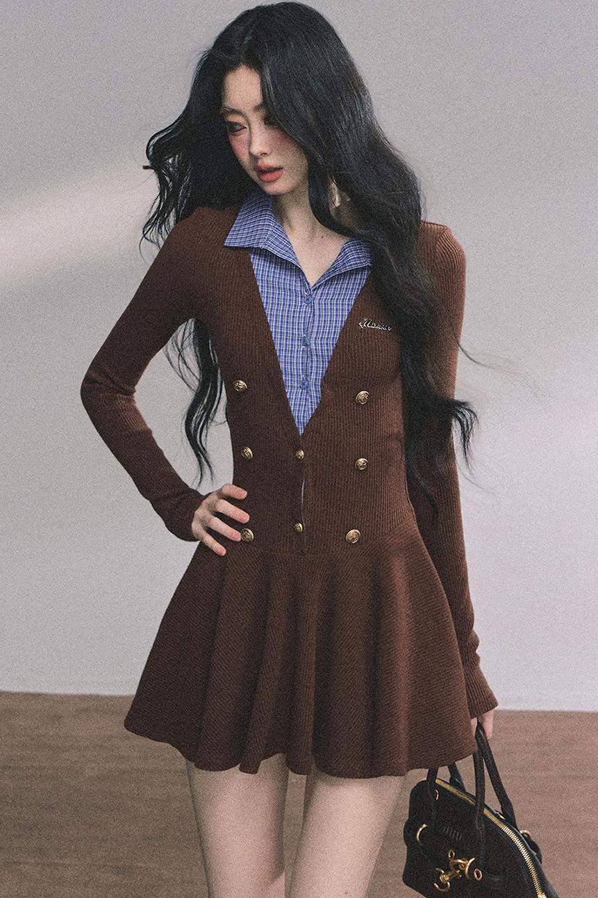 French Plaid Knitted Dress