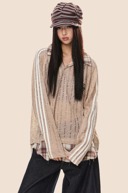 EZEK 아메리칸 레트로 스트라이프 스티칭 대비 약간 투명한 컷아웃 풀오버 스웨트셔츠 여성용 루즈 캐주얼 베이비 탑 타이드 