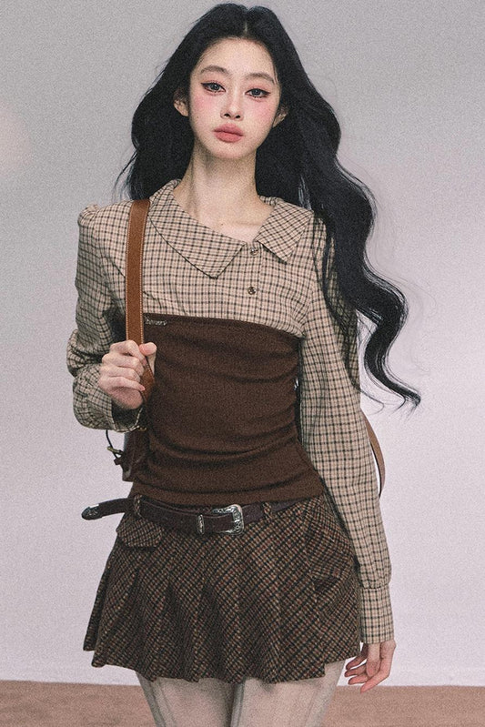 Knitted Long-Sleeved Plaid Top