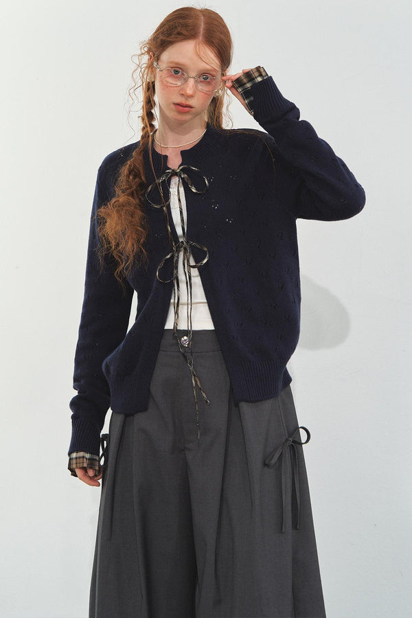 Vintage Plaid Lace-Up Cardigan