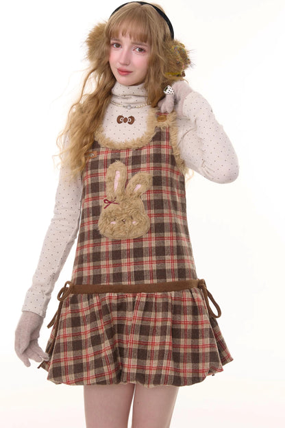 Autumn Reddish-Brown Plaid Rabbit Pocket Vest Dress