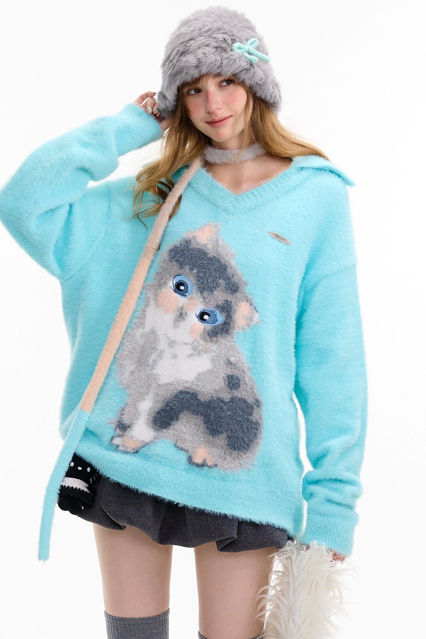 Cat Print V-Neck Polo Light Blue Sweater