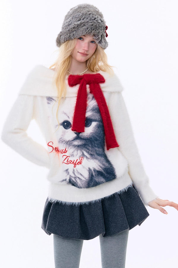Cat Print Off-Shoulder Sweater