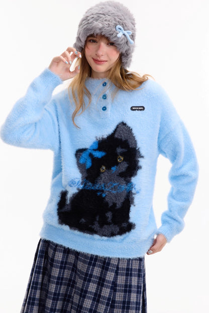 Blauer Katzendruck-Pullover