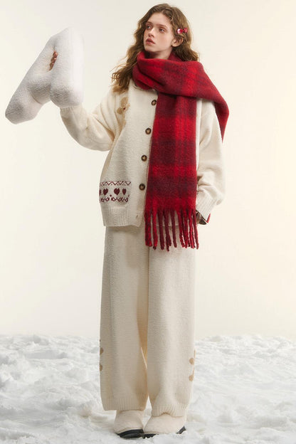 Asgony Vintage Wool Blend Red Plaid Scarf