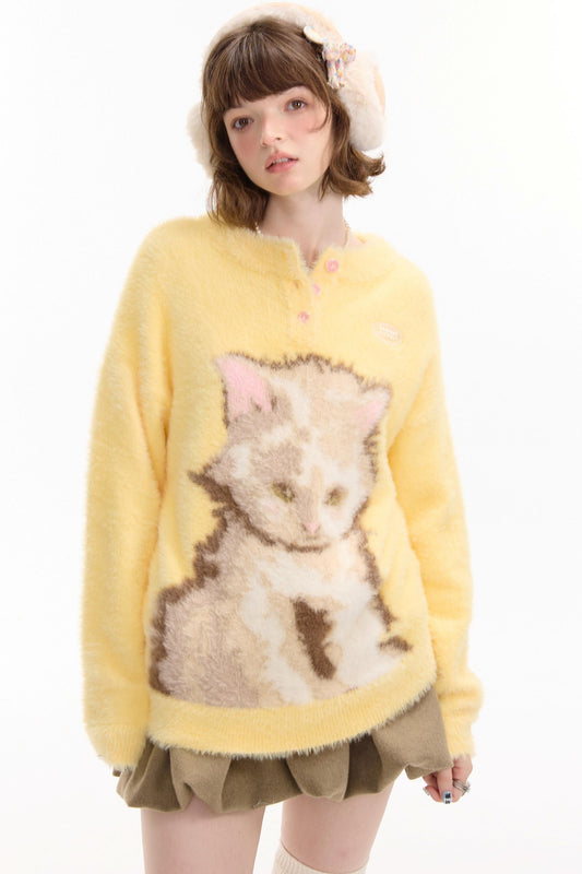 Yellow Cat Print Sweater