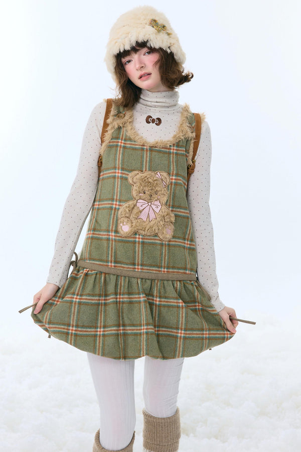 Green Plaid Teddy Vest Dress