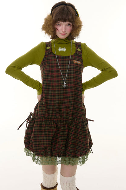 Autumn Retro Lace Plaid Dress