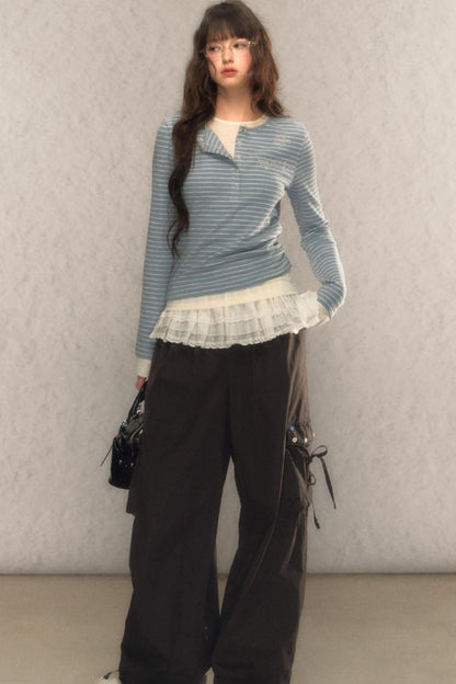 Striped Short Slim Long-Sleeved Top