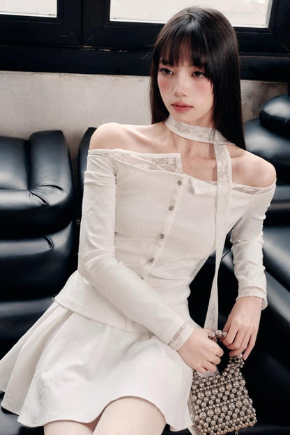 Luxury Moonlight Lace One-Shoulder Top Embroidered Skirt Set-Up