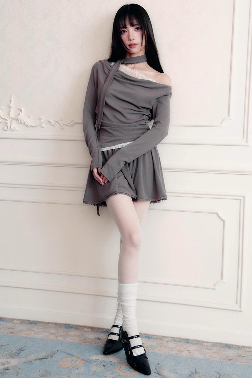 Green Lace Knit Top Skirt Set-Up