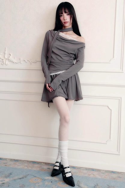 Green Lace Knit Top Skirt Set-Up