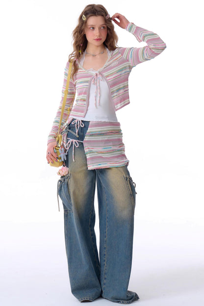 Cardigan court à rayures contrastées 