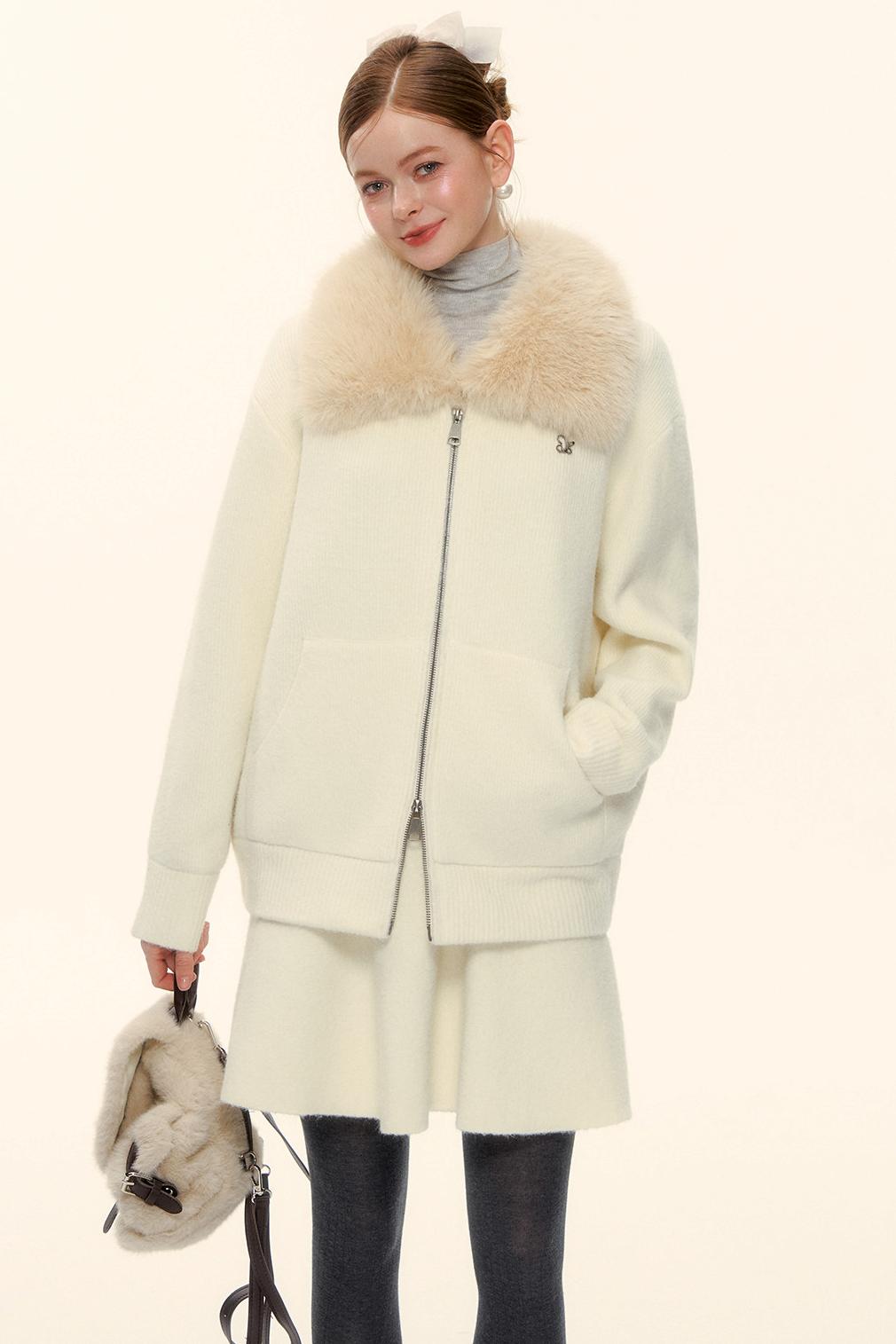 Wool Fur Collar Knit Jacket Set-Up