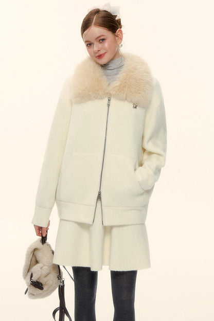 Wool Fur Collar Knit Jacket Set-Up