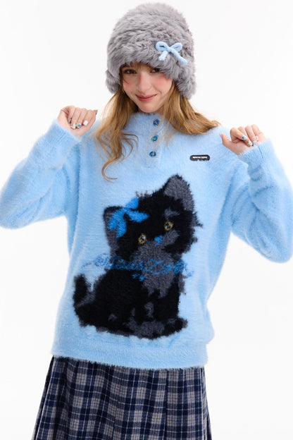 Blauer Katzendruck-Pullover