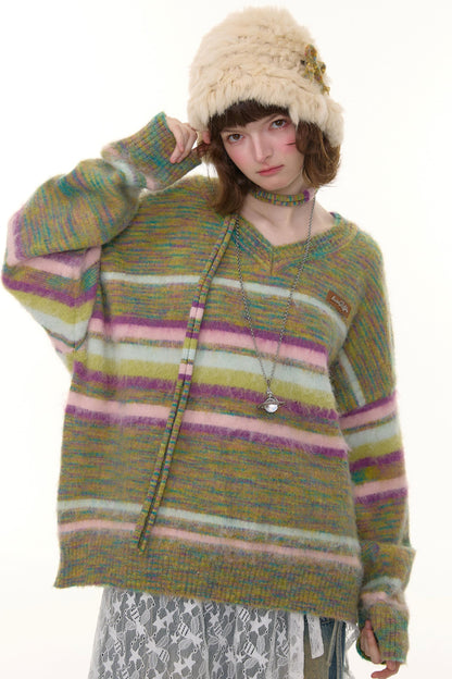 Autumn Winter Color-Blocking Striped V-Neck Sweater