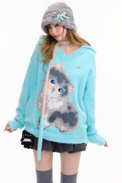 Cat Print V-Neck Polo Light Blue Sweater