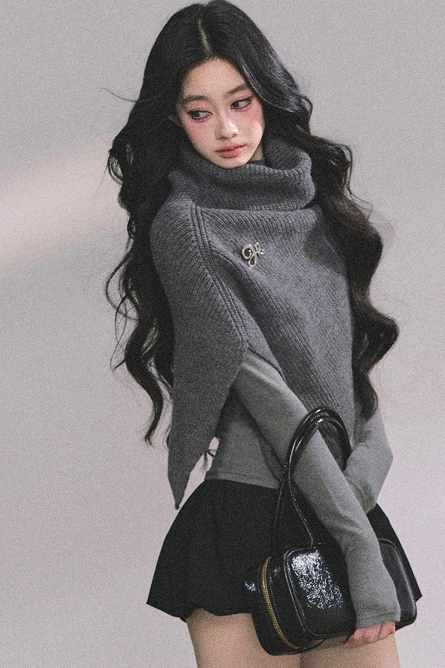 Lightweight Knit Shawl Turtleneck Sweater Set