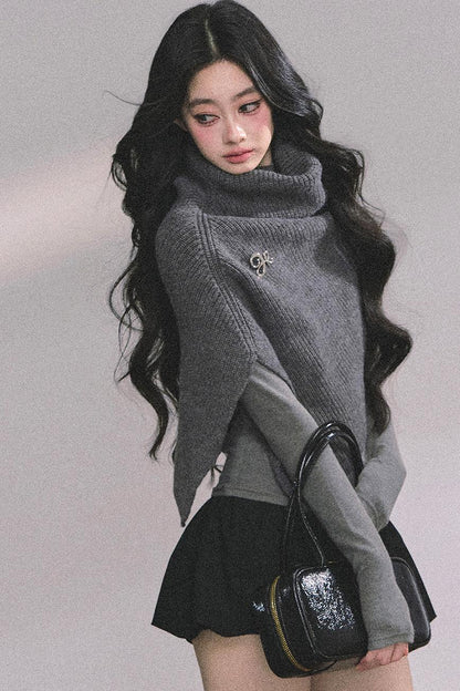 Lightweight Knit Shawl Turtleneck Sweater Set