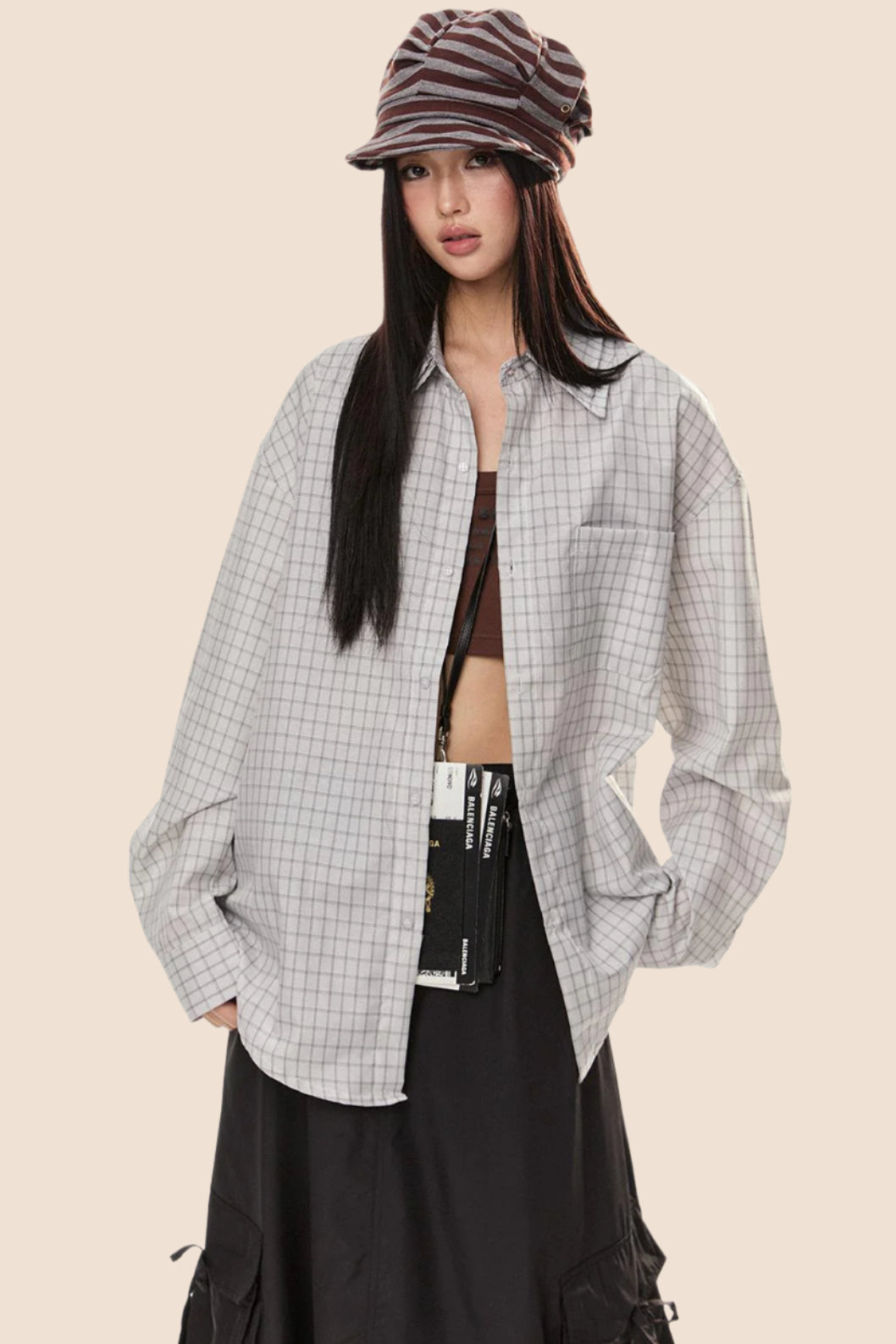 EZEK 아메리칸 레트로 더블 칼라 체크 셔츠 여성용 루즈 슬림 셔츠 재킷 봄 신상 트렌디 브랜드 