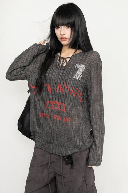 Retro Letter Print Long Sleeve Top