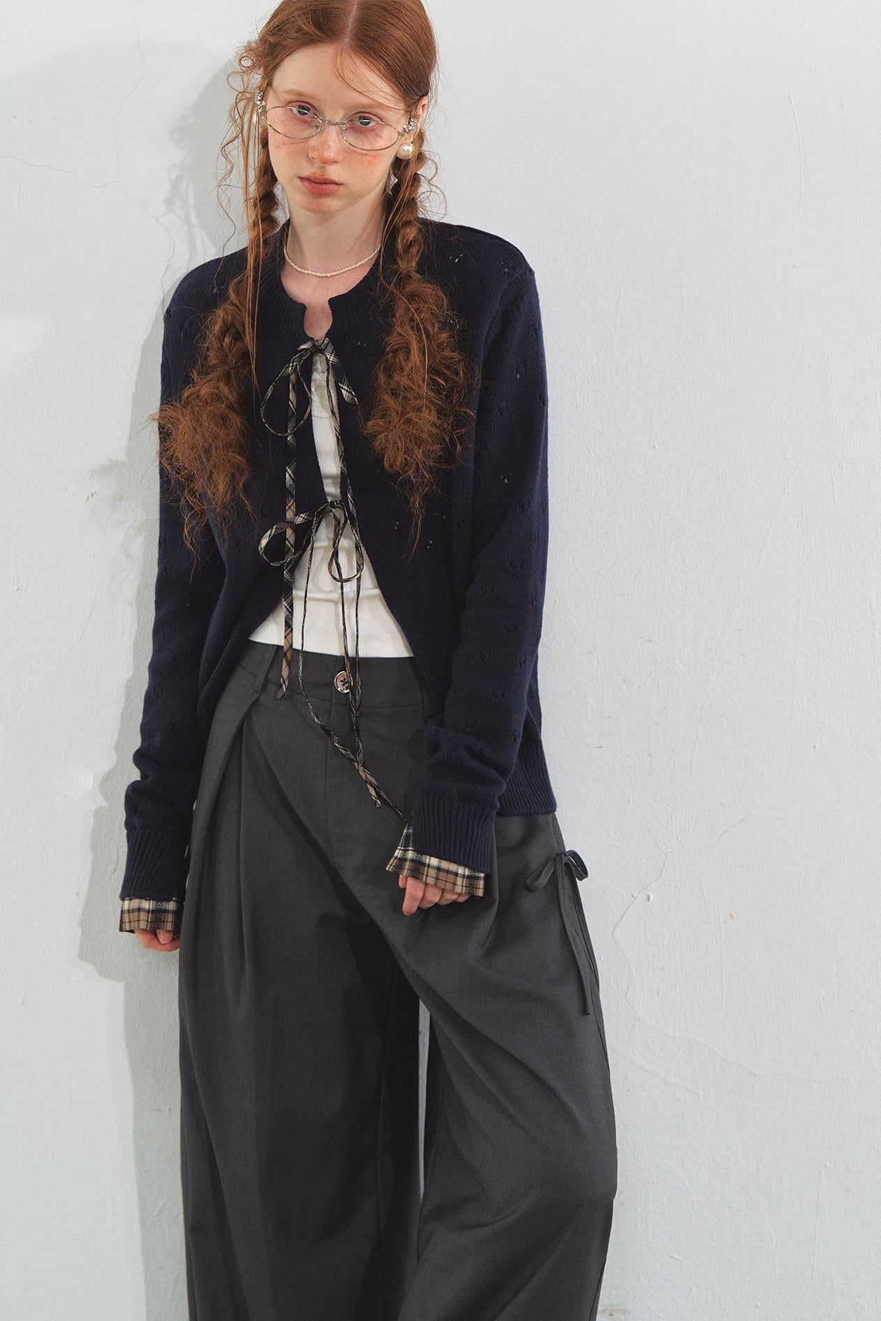 Vintage Plaid Lace-Up Cardigan