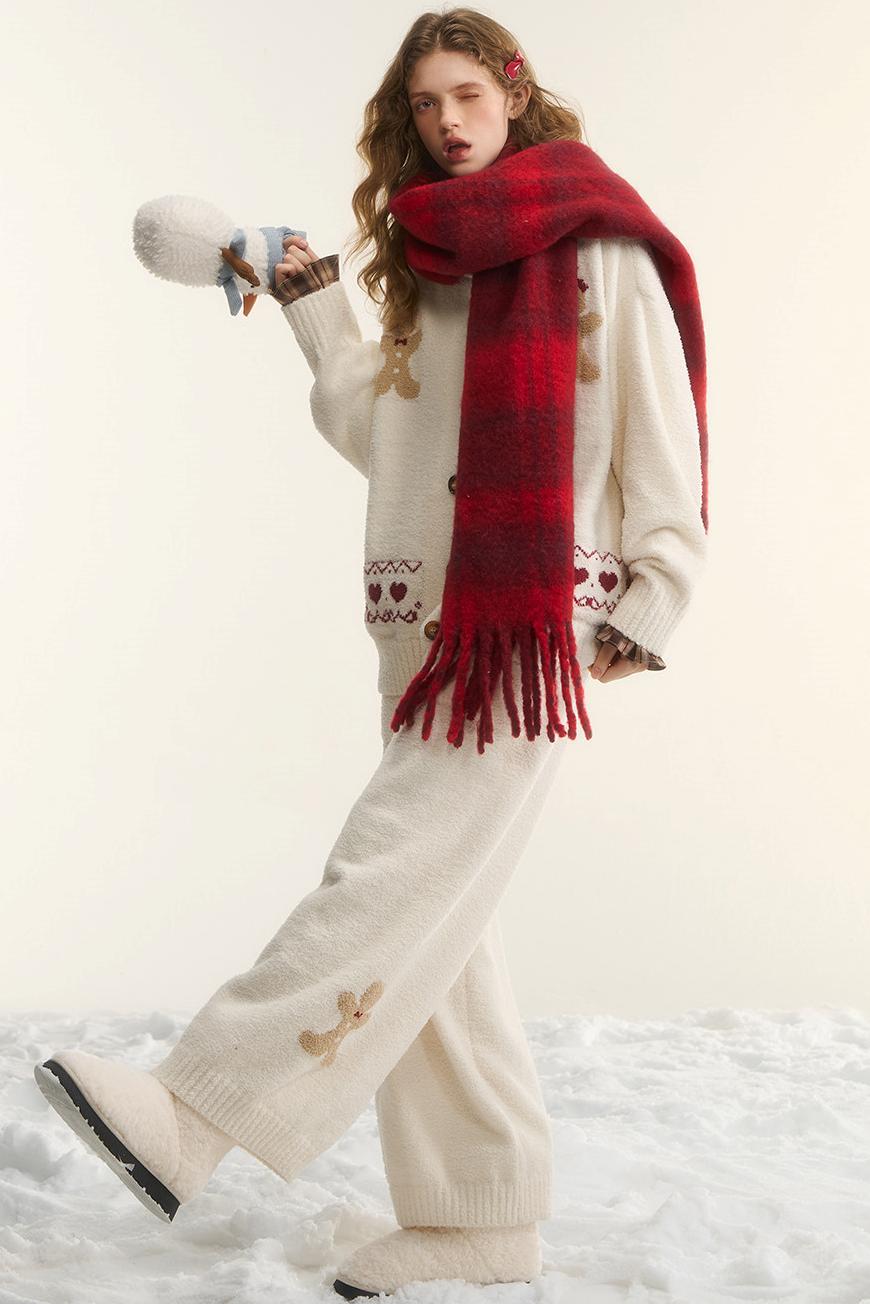 Asgony Vintage Wool Blend Red Plaid Scarf