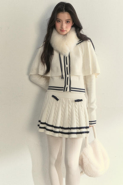 Vintage Navy Twist-Knit Cape Sweater Skirt Set-Up
